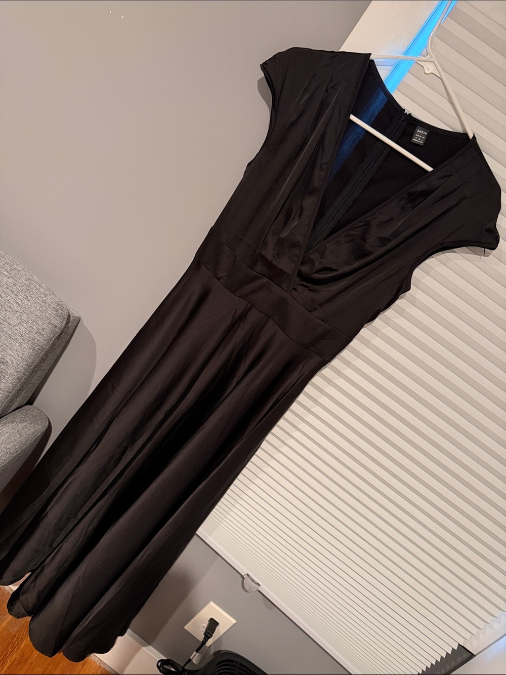 SHEIN Black V-Neck Satin Midi Dress